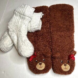 2 Pairs of Slipper Socks Brown Bear with Bows White Cable Knit Sherpa Faux Fur